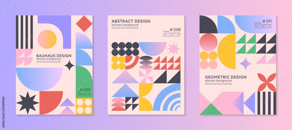 Abstract bauhaus geometric pattern backgrounds with copy space for text.Trendy minimalist geometric designs with simple shapes and elements.Modern artistic vector illustrations.