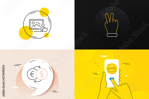 Minimal set of Money exchange, Photo studio and Victory hand line icons. Phone screen, Quote banners. Donation icons. For web development. Eur to usd, Online photography, Gesture palm. Vector