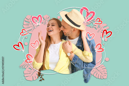 Happy young couple on color...