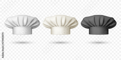 Vector 3d Realistic White and Black Chef Hat, Toque Icon Set. Cook, Baker Chef Caps Design Template. Bakery, Restaurant, Kitchen Uniform. Cotton Hats, Professional Clothes