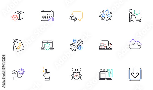 Cogwheel, Buyer think and Calendar graph line icons for website, printing. Collection of Pet tags, Business idea, Fireworks stars icons. Touchscreen gesture, Delivery truck. Vector