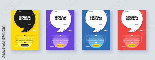 Poster frame with quote, comma. Referral program tag. Refer a friend sign. Advertising reference symbol. Quotation offer bubble. Referral program message. Vector