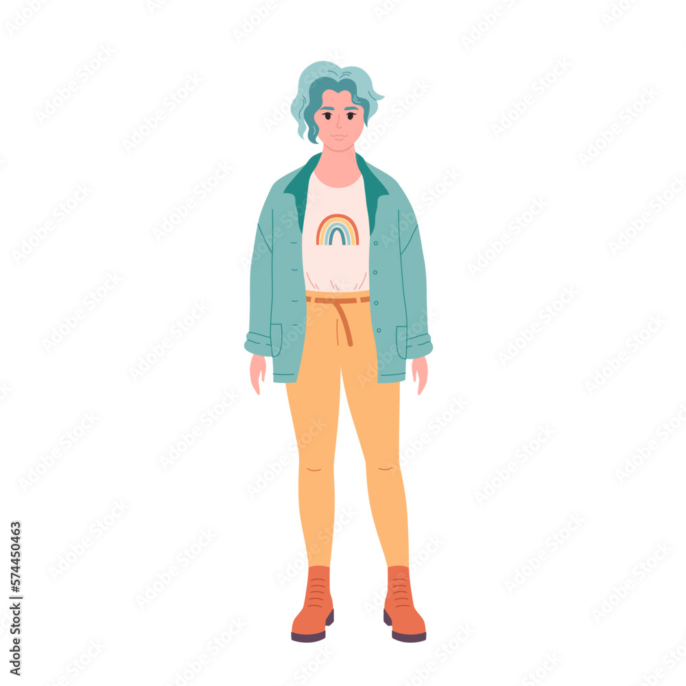 Modern young woman with short hair in casual outfit. Stylish fashionable look. Shirt, jeans, boots. LGBT person. Hand drawn vector illustration Modern young woman with short hair in casual outfit. Stylish fashionable look. Shirt, jeans, boots. LGBT person. Hand drawn vector illustration