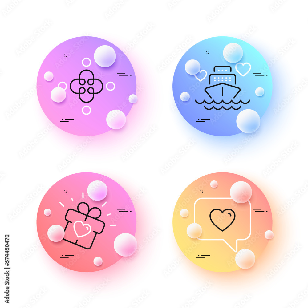 Love gift, Honeymoon cruise and Inclusion minimal line icons. 3d spheres or balls buttons. Love message icons. For web, application, printing. Heart present, Romantic cruiser, Equity justice. Vector Love gift, Honeymoon cruise and Inclusion minimal line icons. 3d spheres or balls buttons. Love message icons. For web, application, printing. Heart present, Romantic cruiser, Equity justice. Vector