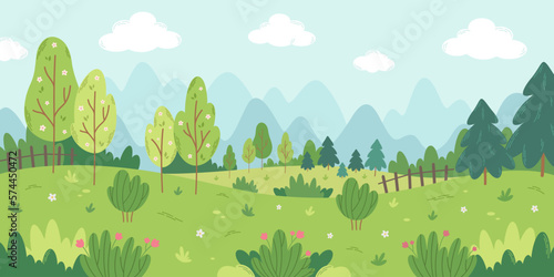 Spring landscape with trees, mountains, fields, bushes, flowers, fir trees. Vector illustration in flat style