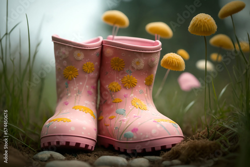 Pink rubberboots in the garden generated with AI