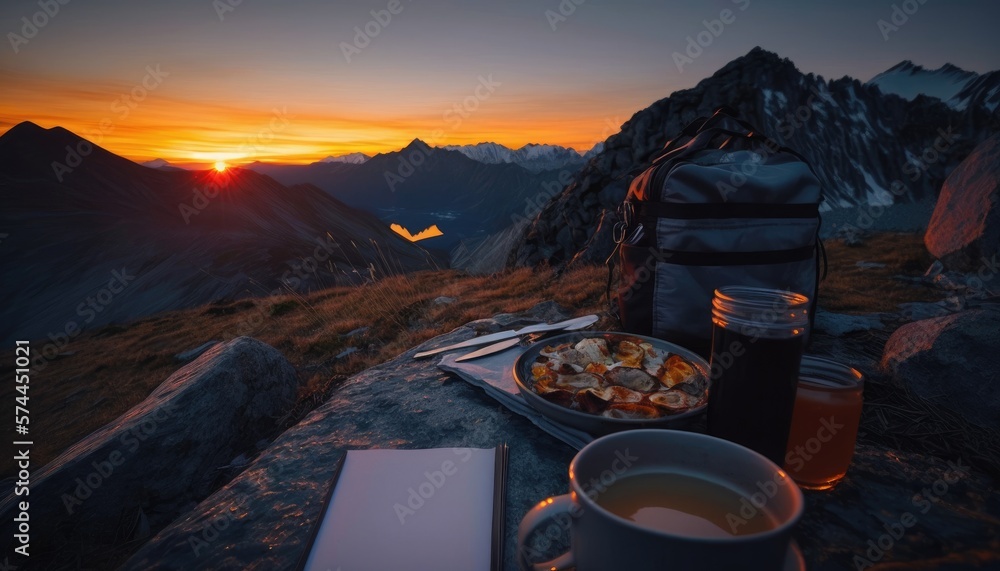 Spectacular sunrise view from the campsite at the mountain top, relishing a hearty breakfast, AI generative - obrazy, fototapety, plakaty 