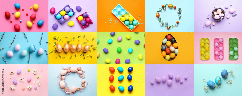 Collage with beautiful Easter eggs and flowers on color background Collage with beautiful Easter eggs and flowers on color background