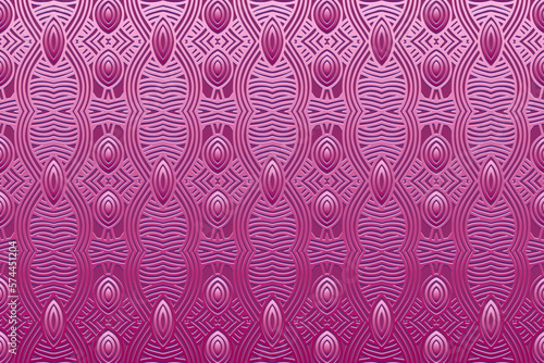Embossed lilac background, cover design. Geometric creative 3D pattern, press paper, leather. Ornaments of the East, Asia, India, Mexico, Aztecs. Ethnic boho motifs, doodling and zentangle, art  deco.