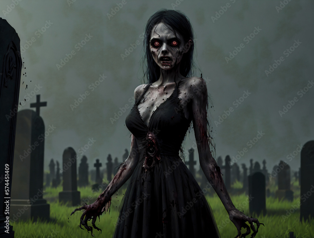 Fototapeta premium Portrait of a zombie woman on the background of cemeteries. Zombie Apocalypse concept. Generative AI 