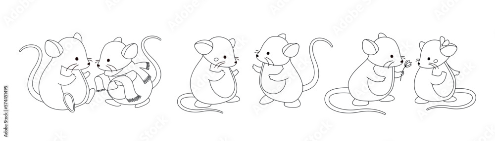 Obraz premium Set of line mice. Rodents, couple of animals, love and care. Design element for valentines day greeting postcard in minimalist style. Cartoon flat vector illustrations isolated on white background