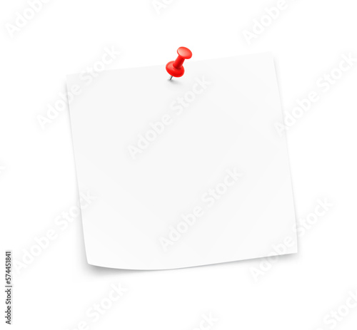 Paper note with thumbtack mockup. Vector illustration on white background. Can be use for your design, presentation, promo, adv. EPS10.