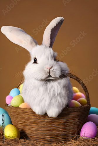 Easter eggs cute bunny. Funny decoration   colorful eggs  straw basket    the symbol of Easter .Generative AI