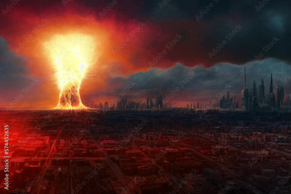 A nuclear explosion from an atomic bomb in the city. The concept of nuclear war. Generative AI	