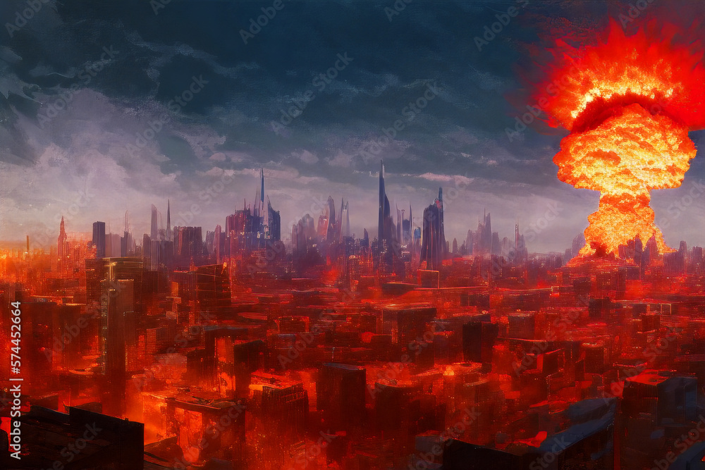 A nuclear explosion from an atomic bomb in the city. The concept of nuclear war. Generative AI	