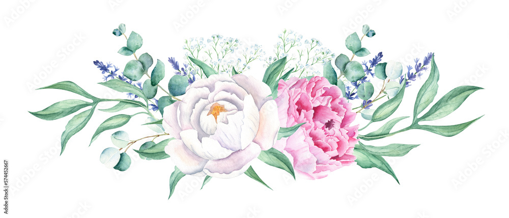 Watercolor horizontal bouquet, white and pink peonies, lavender, gypsophila, eucalyptus. Hand painted illustration isolated on white background. Can be used for greeting cards, wedding invitations