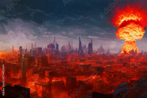 A nuclear explosion from an atomic bomb in the city. The concept of nuclear war. Generative AI 