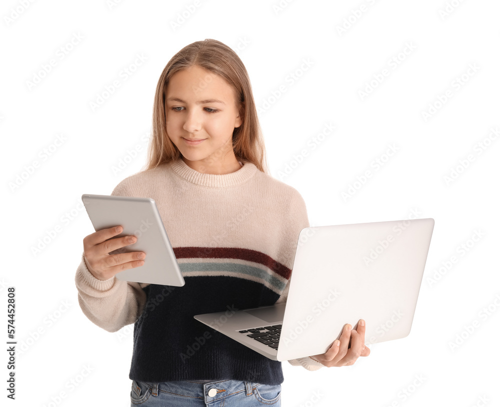Little girl with laptop and tablet computer on white background Little girl with laptop and tablet computer on white background