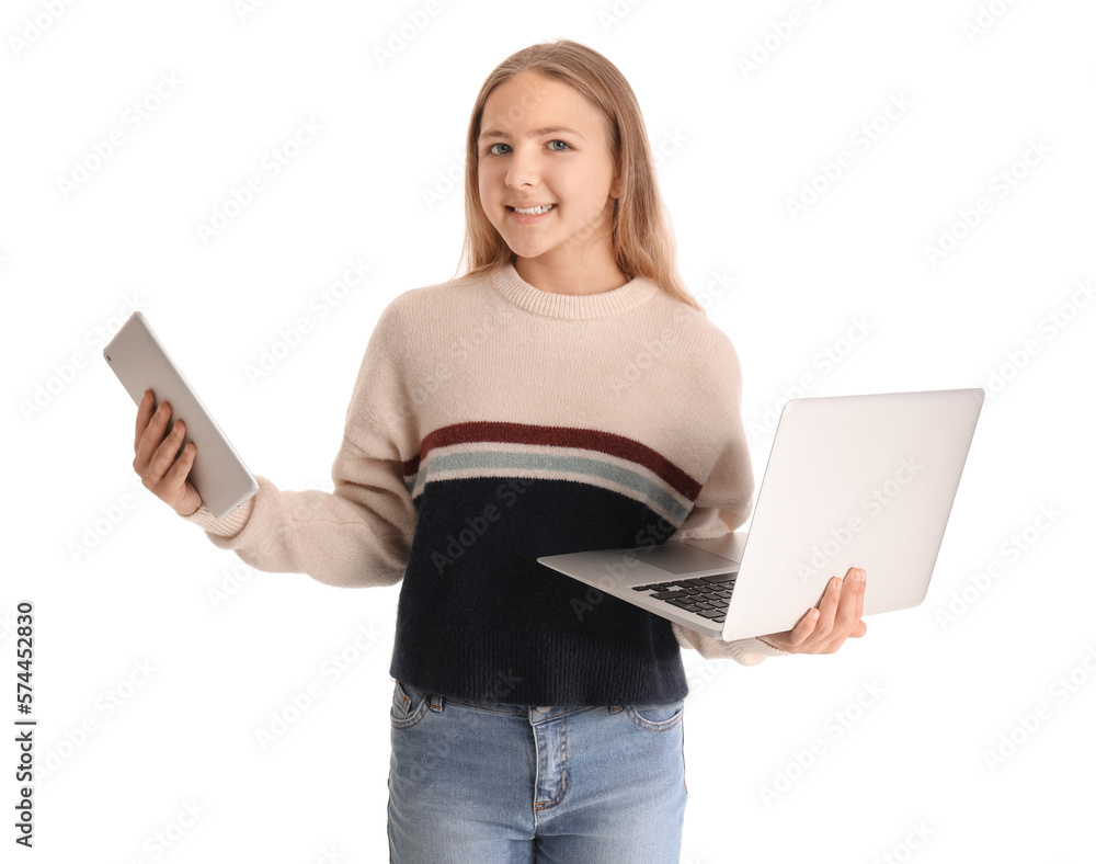 Little girl with laptop and tablet computer on white background Little girl with laptop and tablet computer on white background