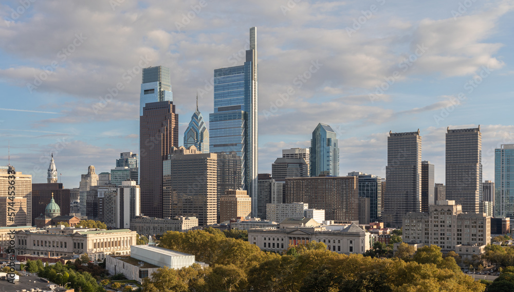 Philadelphia City Center and Business District Skyscrapers. Pennsylvania. Cloudy Blue Sky. Philadelphia Downtown.