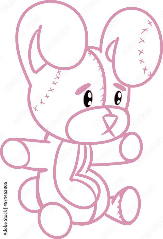 Vector drawing of a sitting stuffed plush rabbit toy, doll. Hand drawn, doodle, flat, in cartoon style, cute, animal. Easter, Easter bunny, spring, holiday. Pink contour, silhouette, beady eyes. Vector drawing of a sitting stuffed plush rabbit toy, doll. Hand drawn, doodle, flat, in cartoon style, cute, animal. Easter, Easter bunny, spring, holiday. Pink contour, silhouette, beady eyes.