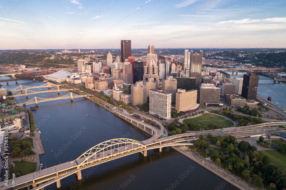 Aerial view of Pittsburgh, Pennsylvania. Business district and river in background. Beautiful Cityscape.
