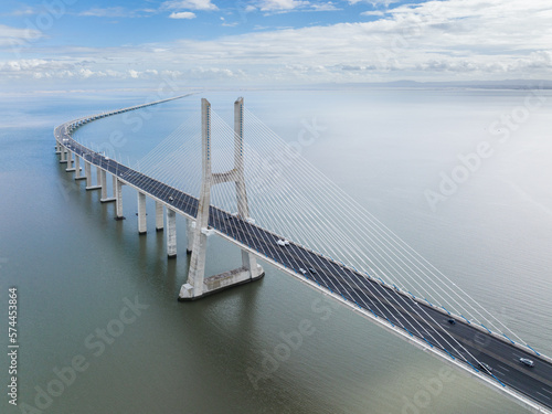 Vasco Da Gama Bridge in Lisbon, Portugal over the Tagus River. Drone Point of View