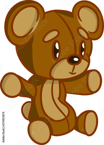 Vector drawing of a teddy bear  doll  toy. Cartoon style  hand drawn  flat  doodle  isolated. Kids  cute  gift  beady eyes. Colourful  colour  brown  beige.