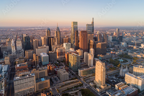 Top View of Downtown Skyline Philadelphia USA. Beautiful Sunset Skyline of Philadelphia City Center, Pennsylvania. Business Financial District and Skyscrapers in Background.