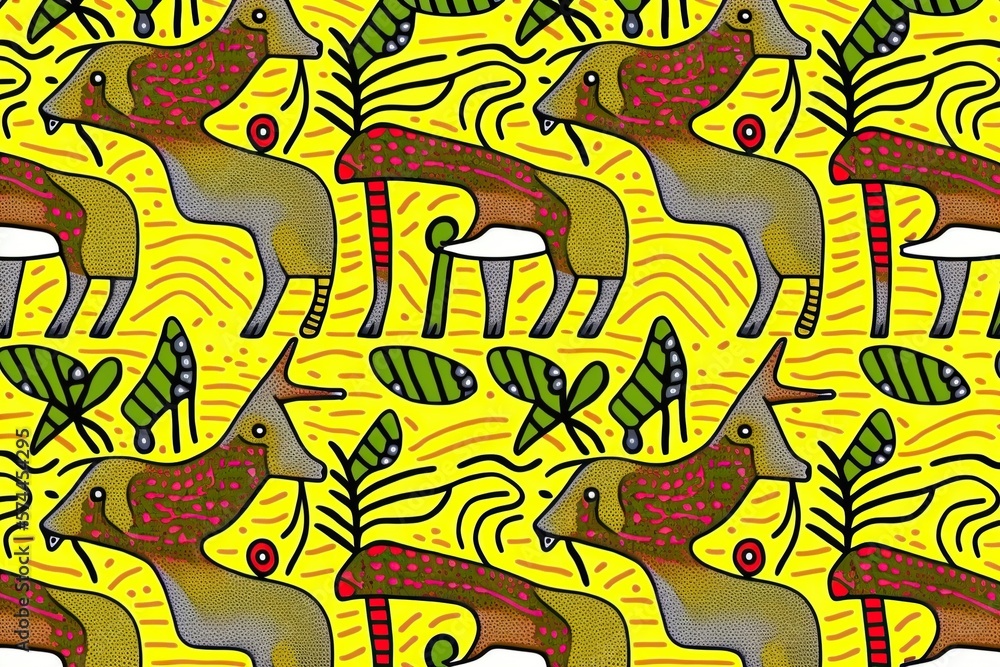 Background pattern in gond style repetitive, bright, concept of Geometric Shapes and Bold Colors, created with Generative AI technology