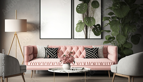 Modern home interior with pink accent, generative ai photo