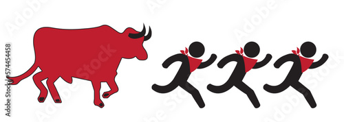 Spanish people run away from the bull at the san fermín festival vector pictogram isolated