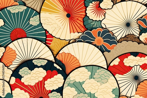 Background pattern in ukiyo-e style repetitive bright, concept of Geometric and Ornate, created with Generative AI technology photo