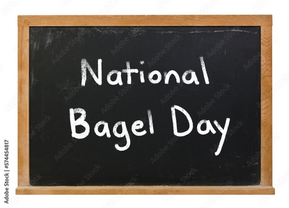 National Bagel Day written in white chalk on a black chalkboard isolated on white National Bagel Day written in white chalk on a black chalkboard isolated on white