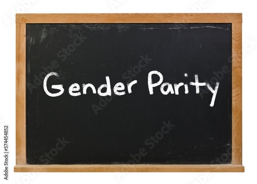 Gender parity written in white chalk on a black chalkboard isolated on white