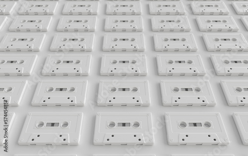 Retro audio cassette 3d render. 70s, 80s, 90s years popular audio tape. Music minimalism concept, white color background