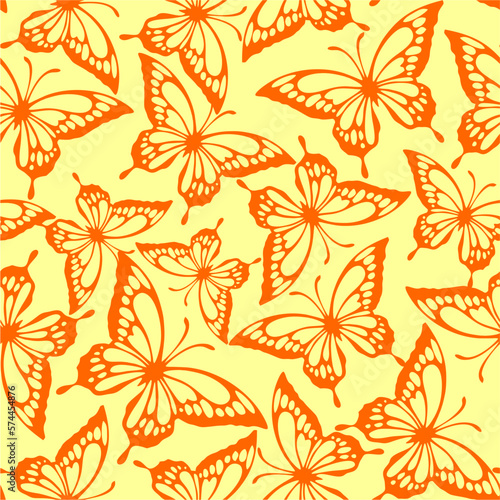 seamless pattern of orange contours of butterflies on a yellow background, texture, design