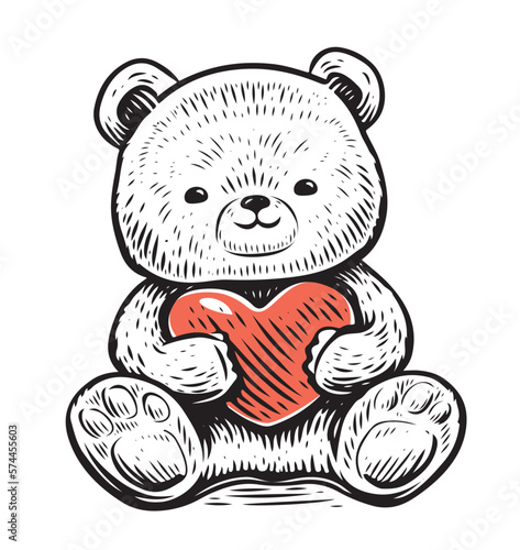 Funny cute toy teddy bear with red heart in paws. Cartoon vector illustration