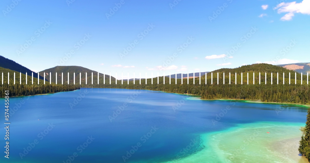 Image of digital screen with white lines over landscape