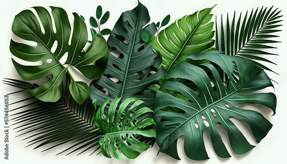 Realistic Composition of Tropical Palm Leaves and Green Leaf Pile Image with Isolated Background. Generative ai Realistic Composition of Tropical Palm Leaves and Green Leaf Pile Image with Isolated Background. Generative ai