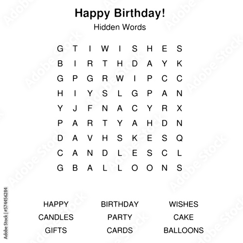 TRANSPARENT easy to read large print + add your Art = HAPPY BIRTHDAY theme hidden word search puzzle game crossword activity. No background, simple isolated square layout to insert anywhere. photo