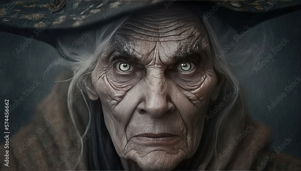 old woman with wrinkles and big hat, witch