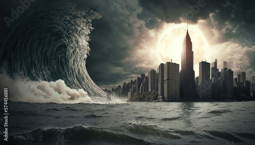 a gigantic tsunami wave hits a city