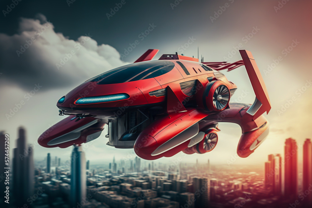 Drone red taxi flying between buildings in city, Future transportation technology Drone red taxi flying between buildings in city, Future transportation technology