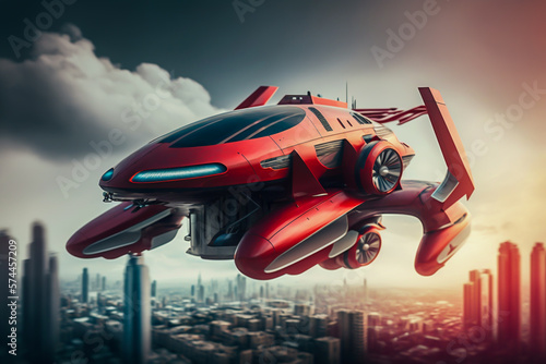 Drone red taxi flying between buildings in city, Future transportation technology
