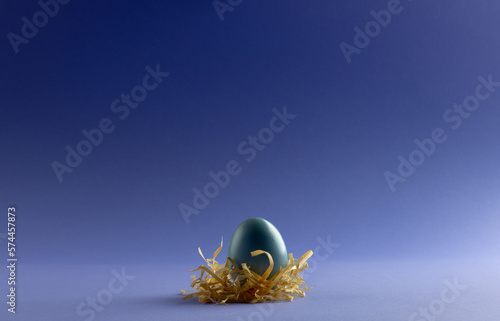 Image of blue easter egg in straw and copy space on purple background