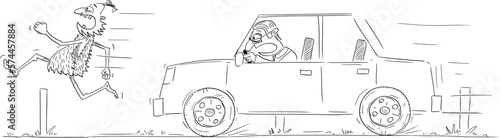 Business or Political Cartoon About Caveman and Modern car, Vector Illustration