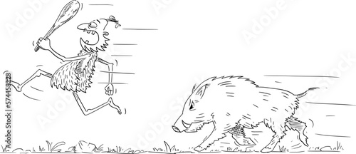 Business or Political Cartoon About Caveman Running Away Wild Boar, Vector Illustration