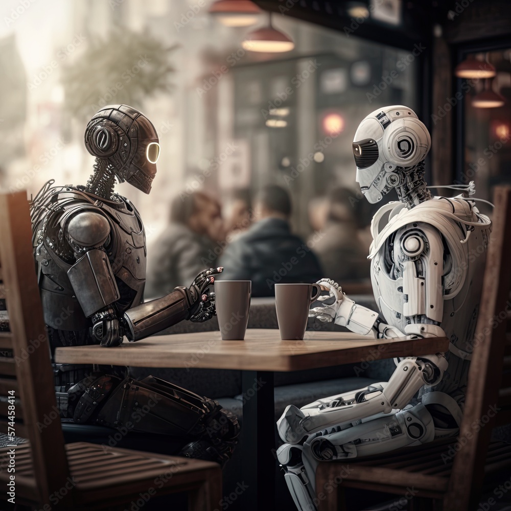 AI ROBOTOS DOING A MEETING IN A CAFE. Advanced futuristic a.i robots with humans. AI ROBOTOS DOING A MEETING IN A CAFE. Advanced futuristic a.i robots with humans.
