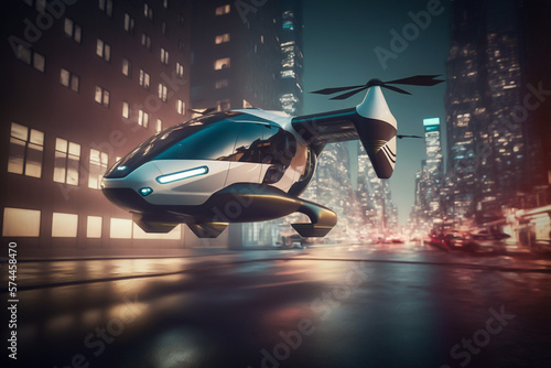 Drone taxi flying between buildings in cityat night, Future transportation technology